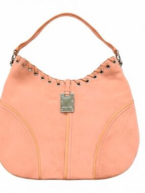 Sergio Rossi Coral Suede Hobo Bag Leather Laced Grommet Shoulder Purse Italy